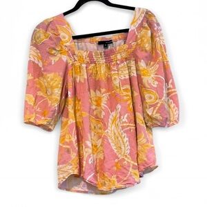 Harvey Bernard Size M Pink Coral Gold Floral Smocked Square Neck Peasant Top